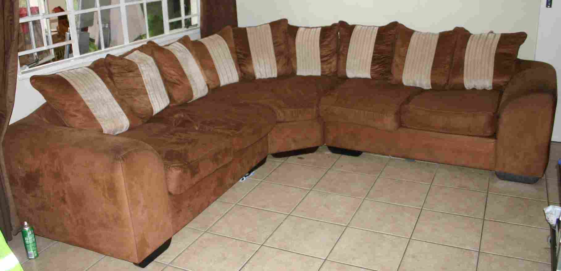 Large Brown Faux Suede Corner Sofa. 2.5m x 2.5m x 90cm Deep.