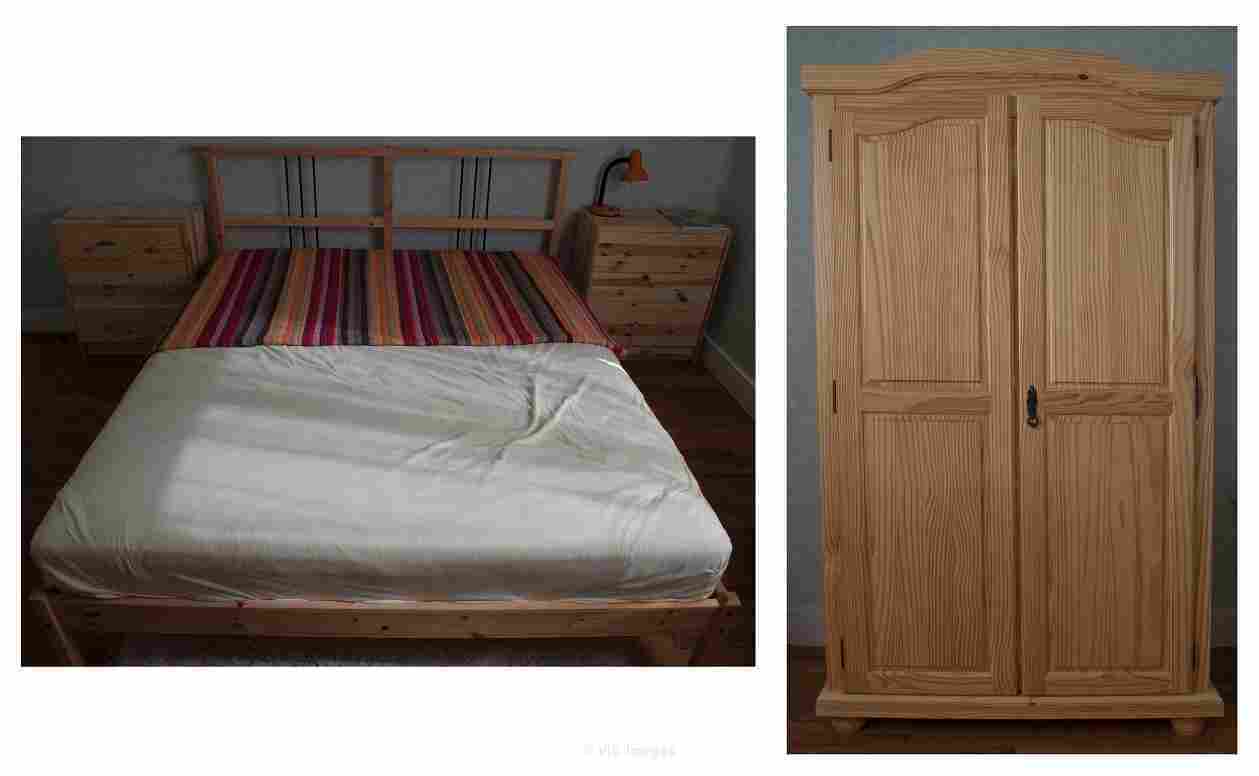 Armoire, 2 commodes, lit (bois, couleur nature)