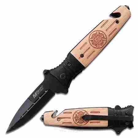 Fire Fighter Rescue Tool - Wooden Carved Handle + Seat Belt Cutter