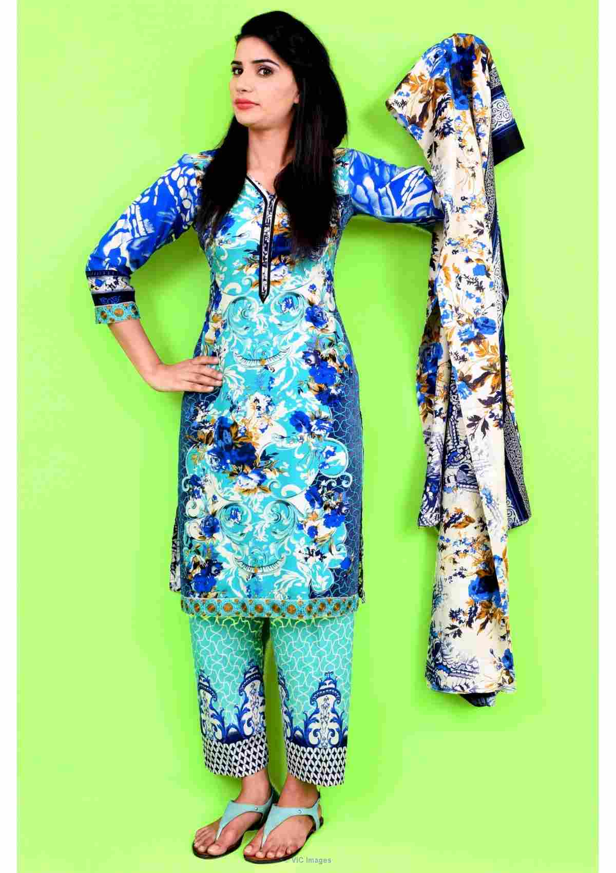Blue Green And Cream Color Three Piece Linen Suit