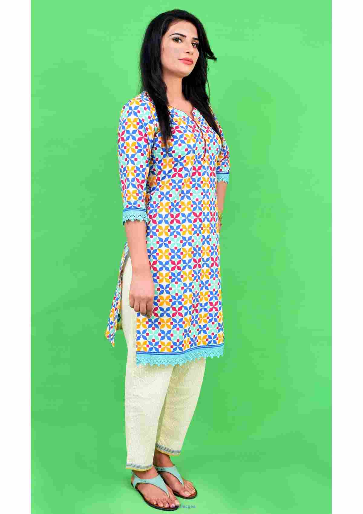 Blue, Yellow And Off-White Cotton Two Piece Suit