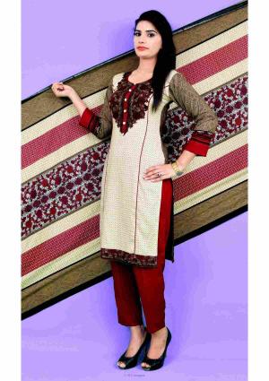 Cream With Brown And Mehroon Color Three Piece Linen Suit