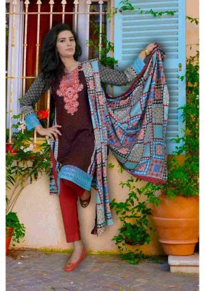 Mehroon Black Light Blue And Light Red Three Piece Linen Suit