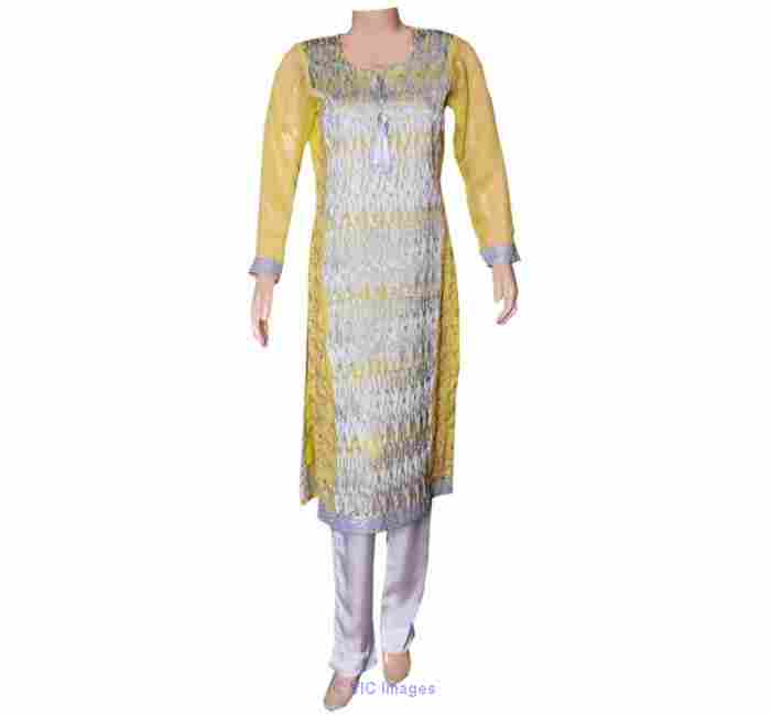 DML005-Chiffon Suit With Silver Embroidery
