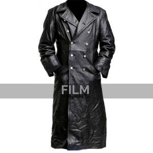 German Classic Officer Black Leather Trench Coat