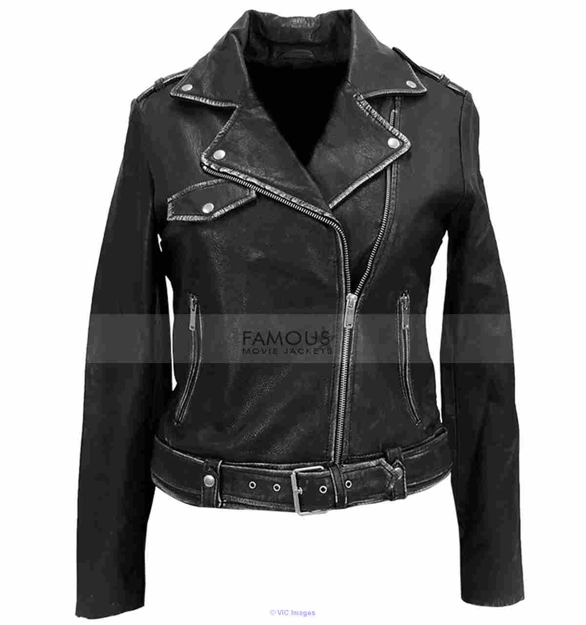 Womens Designer Distressed Black Leather Jacket