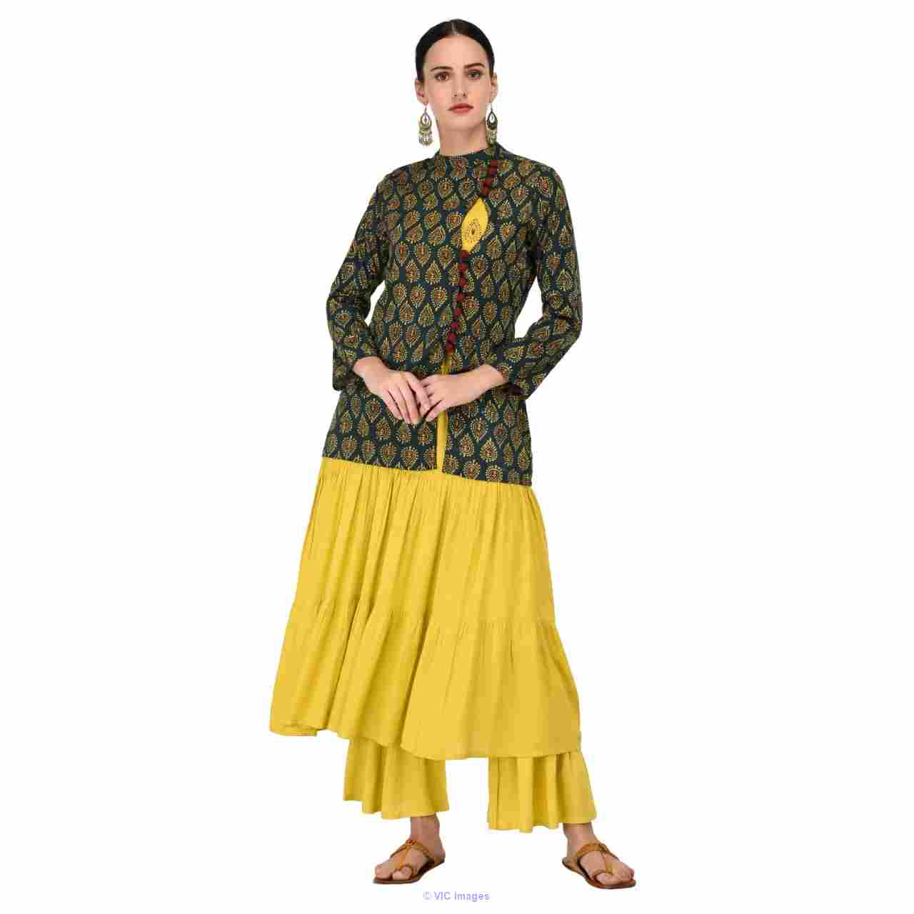 Rayon Tier Kurta With Handwork & Long Cotton Jacket Without Plazzo sig