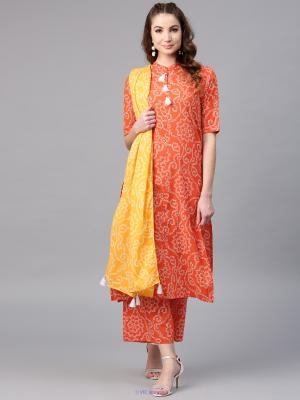 Orange Bandhani Printed Straight Kurta With Palazzo & Yellow Dupatta