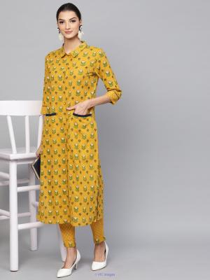 Mustard & Green Floral Printed Button Down Kurta With Pant Set