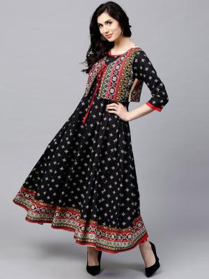 Black Printed Flared Anarkali With Waist Coat