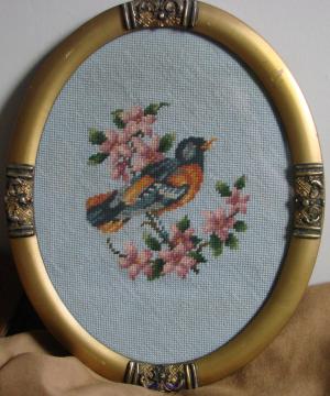 Needlepoint Work Birds Set Framed Under Glass - Pick up Only