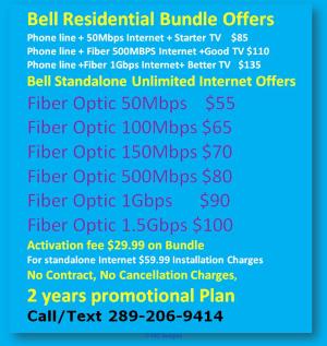 Bell Fiber Optic High Speed Unlimited Internet offers , Bundle , Wifi