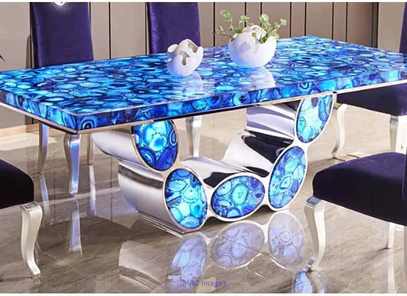 Blue Agate Dining Table Top Handmade Home Decor for Living Room