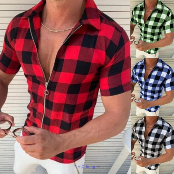 Plaid T Shirt Mens Zipper Short Sleeve Shirts